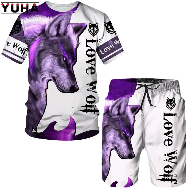 YUHA, The Wolf 3D Printed Cool T-shirt & Shorts Suit Men's Summer Short Sleeve O-neck Tops Male/Female Casual Sportwear Tracksui