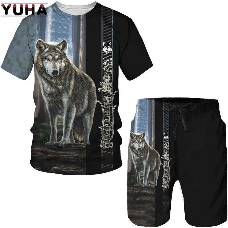 YUHA, The Wolf 3D Printed Cool T-shirt & Shorts Suit Men's Summer Short Sleeve O-neck Tops Male/Female Casual Sportwear Tracksui