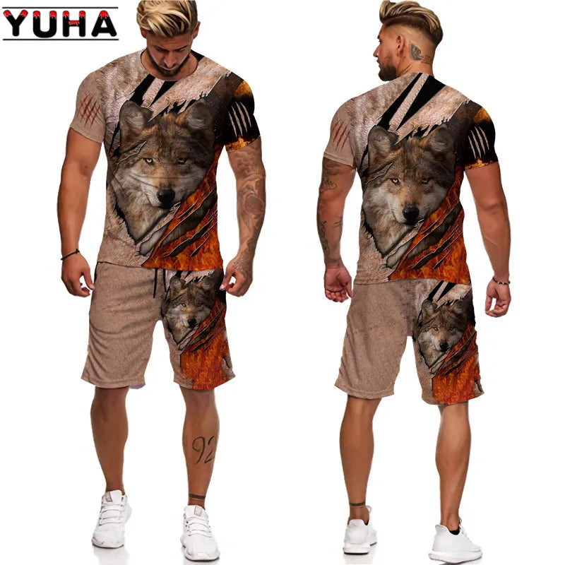 YUHA, The Wolf 3D Printed Cool T-shirt & Shorts Suit Men's Summer Short Sleeve O-neck Tops Male/Female Casual Sportwear Tracksui