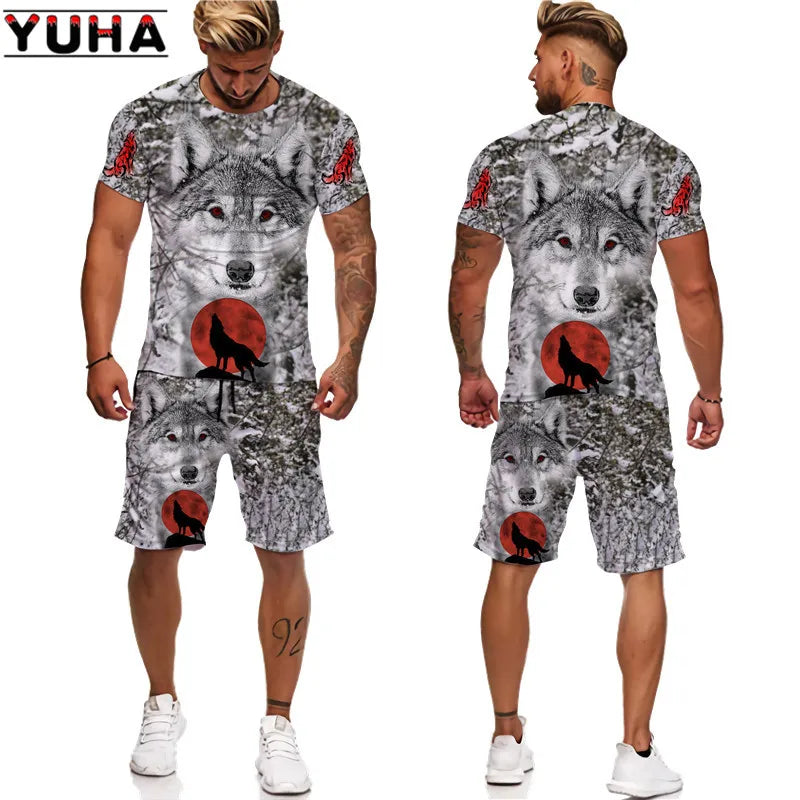 YUHA, The Wolf 3D Printed Cool T-shirt & Shorts Suit Men's Summer Short Sleeve O-neck Tops Male/Female Casual Sportwear Tracksui