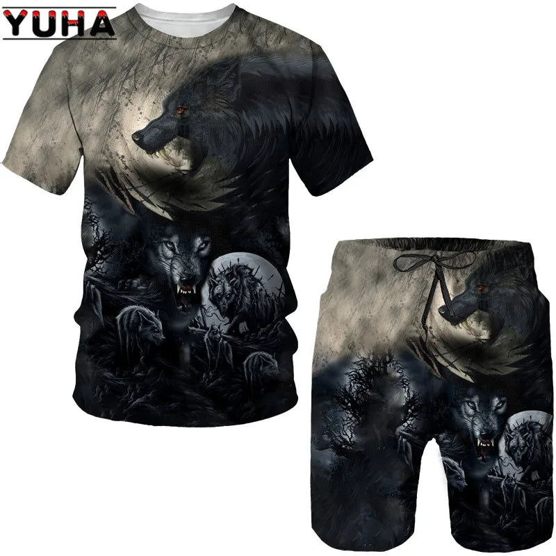 YUHA, The Wolf 3D Printed Cool T-shirt & Shorts Suit Men's Summer Short Sleeve O-neck Tops Male/Female Casual Sportwear Tracksui