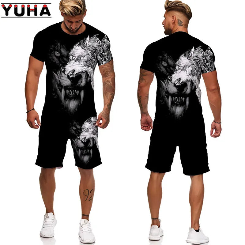 YUHA, The Wolf 3D Printed Cool T-shirt & Shorts Suit Men's Summer Short Sleeve O-neck Tops Male/Female Casual Sportwear Tracksui