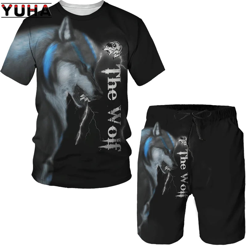 YUHA, The Wolf 3D Printed Cool T-shirt & Shorts Suit Men's Summer Short Sleeve O-neck Tops Male/Female Casual Sportwear Tracksui
