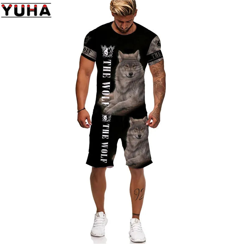 YUHA, The Wolf 3D Printed Cool T-shirt & Shorts Suit Men's Summer Short Sleeve O-neck Tops Male/Female Casual Sportwear Tracksui
