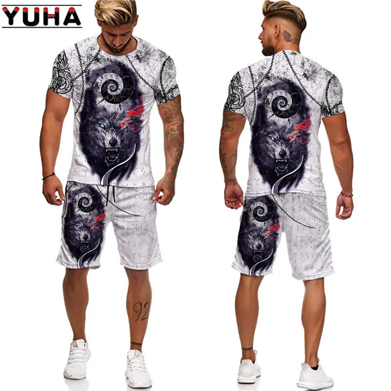 YUHA, The Wolf 3D Printed Cool T-shirt & Shorts Suit Men's Summer Short Sleeve O-neck Tops Male/Female Casual Sportwear Tracksui