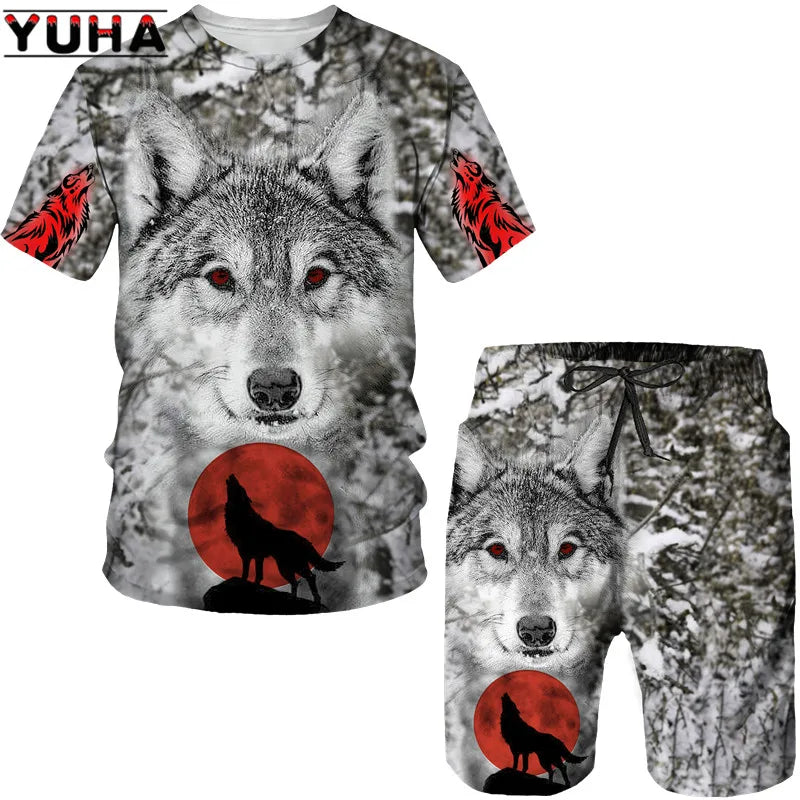 YUHA, The Wolf 3D Printed Cool T-shirt & Shorts Suit Men's Summer Short Sleeve O-neck Tops Male/Female Casual Sportwear Tracksui