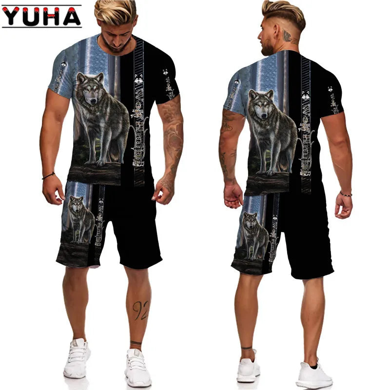 YUHA, The Wolf 3D Printed Cool T-shirt & Shorts Suit Men's Summer Short Sleeve O-neck Tops Male/Female Casual Sportwear Tracksui