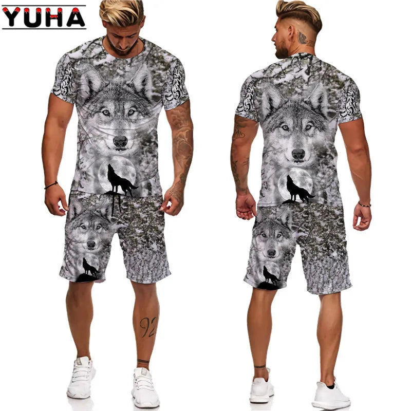 YUHA, The Wolf 3D Printed Cool T-shirt & Shorts Suit Men's Summer Short Sleeve O-neck Tops Male/Female Casual Sportwear Tracksui